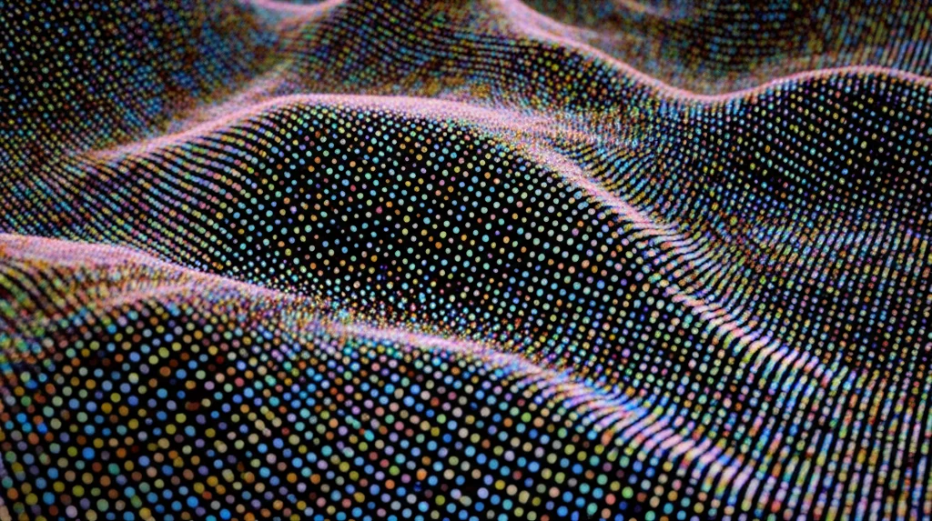 Visualizzazione astratta di particelle colorate che si diffondono su una superficie geometrica complessa e curva, simile a una varietà Riemanniana. Alcune aree mostrano una diffusione più omogenea e meno caotica, suggerendo un limite di scala. Illuminazione controllata per evidenziare la tridimensionalità della superficie. Obiettivo macro, 60mm, alta definizione, messa a fuoco precisa.