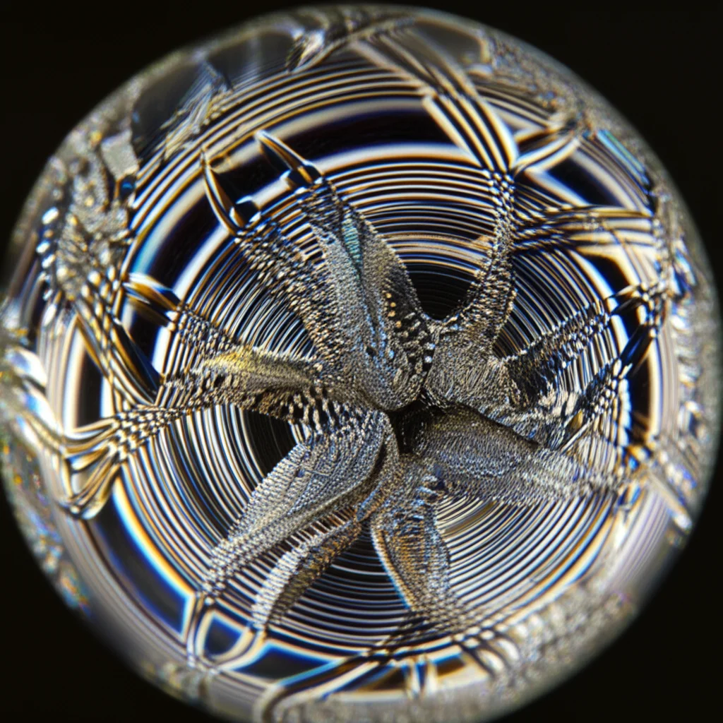 Primo piano di una sfera di cristallo che rifrange la luce, con all'interno un pattern complesso e astratto che simboleggia una varietà Riemanniana. La luce crea effetti di caustiche e riflessi. Obiettivo macro, 100mm, illuminazione controllata e precisa per dettagli nitidi, sfondo scuro per far risaltare la sfera.