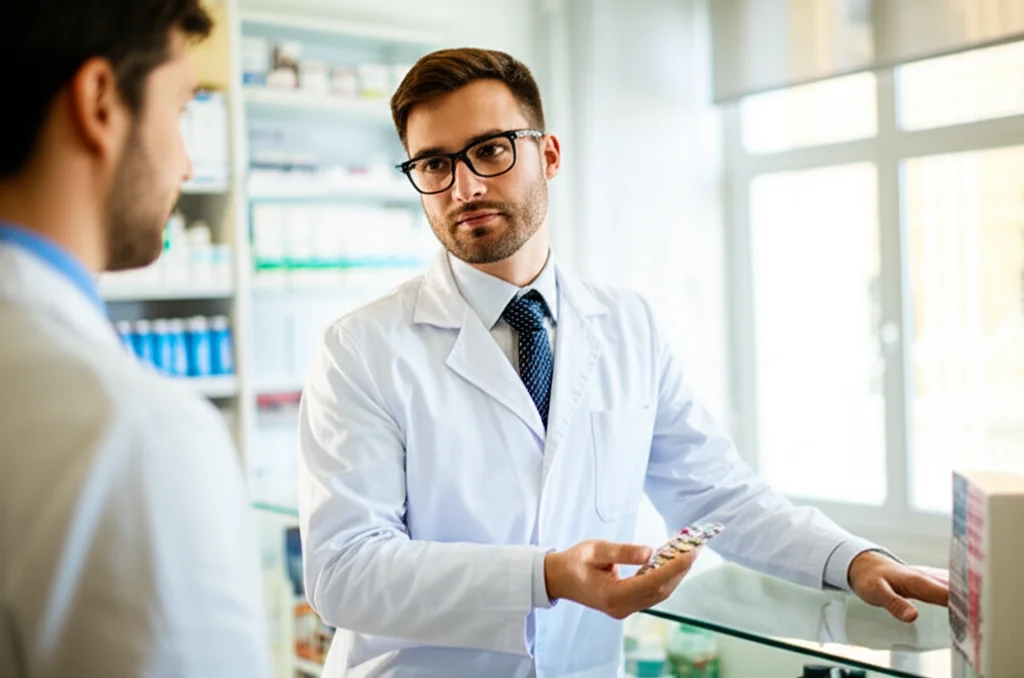 Un farmacista e un paziente stomizzato discutono amichevolmente davanti a un bancone di farmacia, il farmacista indica un blister di pillole. Luce naturale da finestra, lente prime 35mm, profondità di campo media per includere entrambi i soggetti ma con focus sull'interazione.