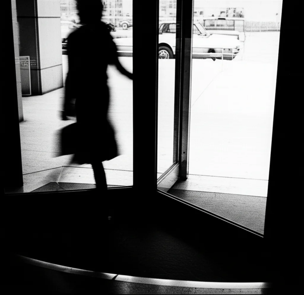 Un primo piano drammatico della 'zona di pericolo principale' di una porta girevole a due ante in un moderno edificio per uffici, con una sagoma sfocata di una persona che quasi viene pizzicata. Obiettivo prime, 35mm, stile film noir con illuminazione contrastata per accentuare il pericolo, bianco e nero.