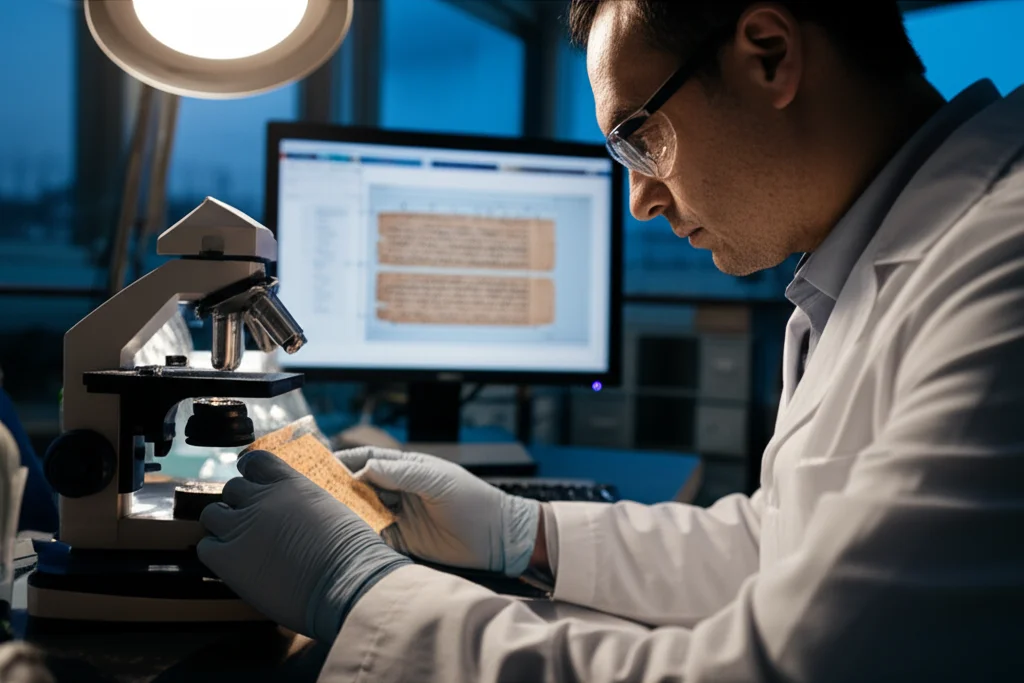 Un ricercatore in un laboratorio moderno, illuminato da luce soffusa, che esamina attentamente al microscopio digitale un frammento di un antico papiro. Sullo schermo di un computer accanto, si vedono ingrandimenti di caratteri e linee di testo segmentate digitalmente. Obiettivo macro, 70mm, alta definizione, focus preciso sul frammento e sullo schermo, atmosfera di studio e scoperta.