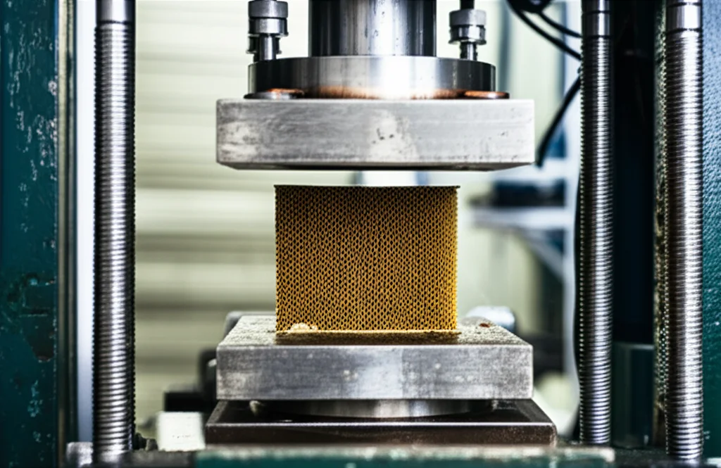 Una fotografia di un test di compressione quasi-statico su un campione di struttura a nido d'ape, montato su una macchina di prova idraulica in un laboratorio di ingegneria. L'immagine cattura il momento della deformazione. Obiettivo zoom, 50mm, illuminazione da laboratorio brillante e uniforme, messa a fuoco precisa sul campione.