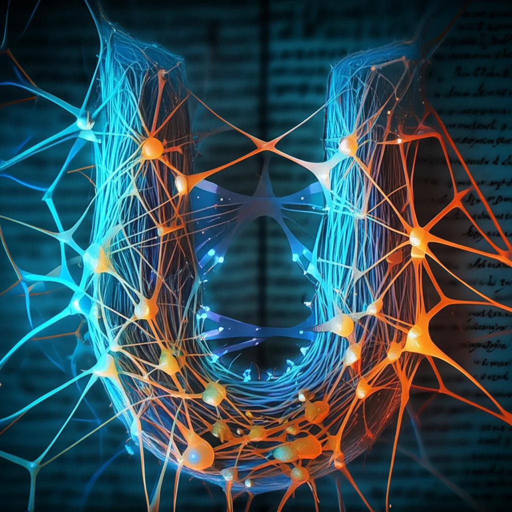 Un'immagine stilizzata che rappresenta una rete neurale convoluzionale (CNN) U-Net. Si vedono strati di neuroni interconnessi che formano una struttura a 'U', con frecce che indicano il flusso di dati. Sullo sfondo, un antico manoscritto sbiadito. L'immagine dovrebbe trasmettere complessità e potenza di calcolo. Obiettivo prime, 50mm, illuminazione high-tech con bagliori blu e arancioni, dettagli nitidi sulla struttura della rete.