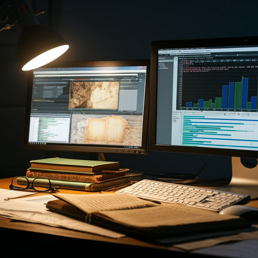Una scrivania di un ricercatore con diversi schermi di computer che mostrano grafici di performance, codice di programmazione e immagini di documenti storici con righe di testo evidenziate. Sul tavolo, libri antichi e moderni sull'intelligenza artificiale e la paleografia. Obiettivo prime, 24mm, per una visione ampia dell'ambiente di lavoro, illuminazione da studio bilanciata, atmosfera di intensa attività intellettuale.