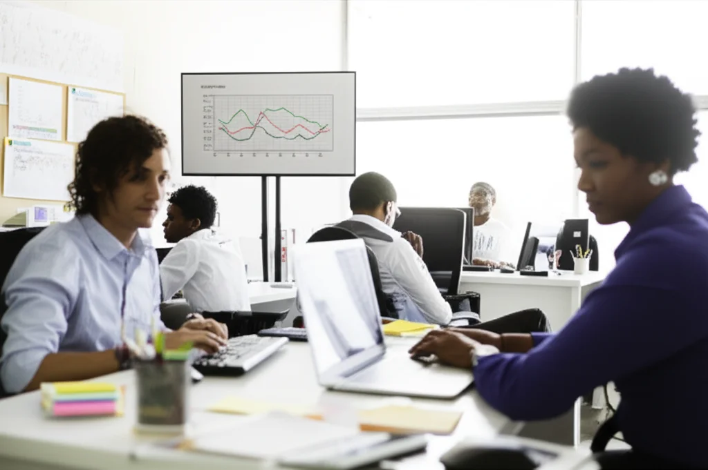 Fotografia di un ufficio moderno di EDM a Maputo, con personale che lavora a computer e grafici finanziari proiettati su uno schermo. L'immagine dovrebbe trasmettere professionalità e trasparenza. Obiettivo prime 35mm, illuminazione controllata da ufficio, focus preciso sui dettagli.
