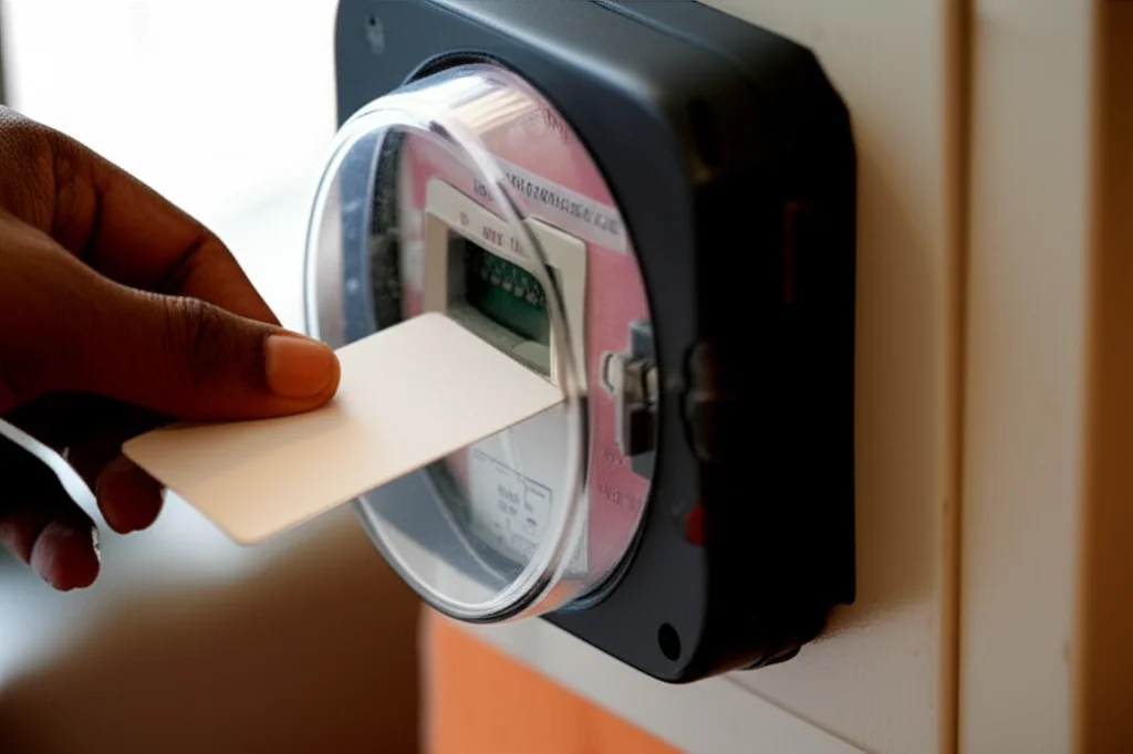 Fotografia macro di un contatore elettrico prepagato in una modesta abitazione mozambicana, con una mano che inserisce una scheda. Luce naturale soffusa che entra da una finestra. Obiettivo macro 100mm, alta definizione per mostrare i dettagli del contatore e della mano, illuminazione controllata per evidenziare la scena.