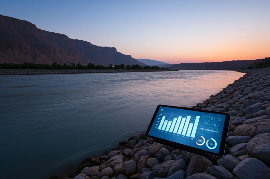 Immagine fotorealistica di un paesaggio fluviale sereno al crepuscolo, il fiume Karun che scorre dolcemente. In primo piano, un tablet mostra grafici complessi e dati sulla qualità dell'acqua, illuminando leggermente l'ambiente circostante. Obiettivo grandangolare 20mm, lunga esposizione per acqua liscia e cielo stellato, contrasto tra tecnologia e natura.