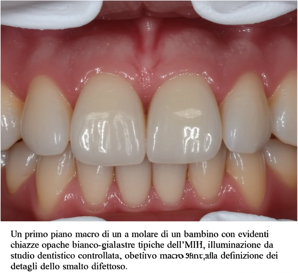 Un primo piano macro di un molare di un bambino con evidenti chiazze opache bianco-giallastre tipiche dell'MIH, illuminazione da studio dentistico controllata, obiettivo macro 90mm, alta definizione dei dettagli dello smalto difettoso.
