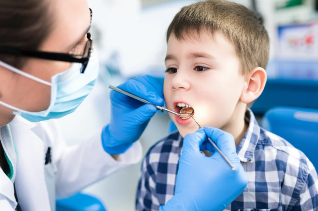 Un dentista pediatrico sorridente che applica con cura un restauro dentale su un molare di un bambino collaborativo in un ambiente clinico luminoso e accogliente. Si vedono strumenti manuali tipici dell'approccio ART. Obiettivo prime 35mm, profondità di campo che sfoca leggermente lo sfondo.