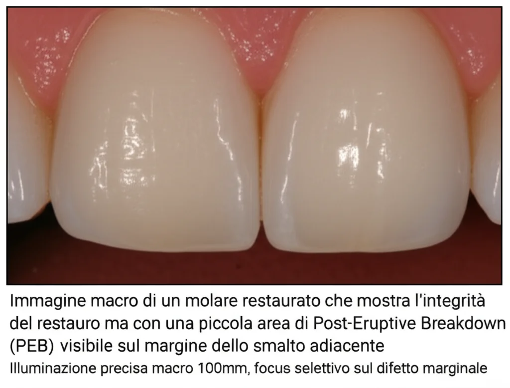 Immagine macro di un molare restaurato che mostra l'integrità del restauro ma con una piccola area di Post-Eruptive Breakdown (PEB) visibile sul margine dello smalto adiacente. Illuminazione precisa, obiettivo macro 100mm, focus selettivo sul difetto marginale.