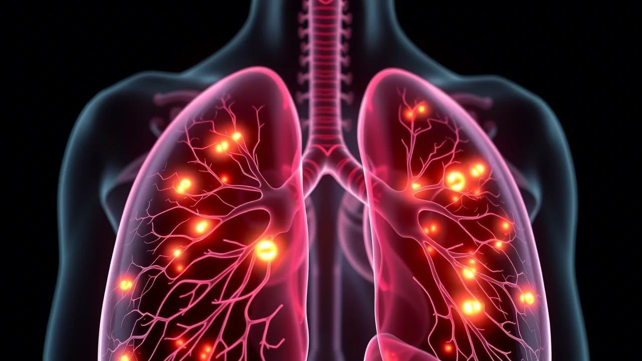 Visualizzazione 3D fotorealistica di polmoni umani con aree evidenziate da un'intelligenza artificiale che indicano possibili noduli o anomalie. Macro lens, 70mm, illuminazione controllata per dettagli nitidi, sfondo scuro per far risaltare i polmoni.