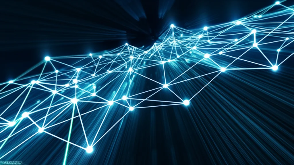 Diagramma astratto che illustra il flusso di dati attraverso una rete neurale complessa, con nodi luminosi e connessioni che rappresentano l'elaborazione delle informazioni. Telephoto zoom, 150mm, fast shutter speed per catturare il 'movimento' dei dati, sfondo tecnologico.