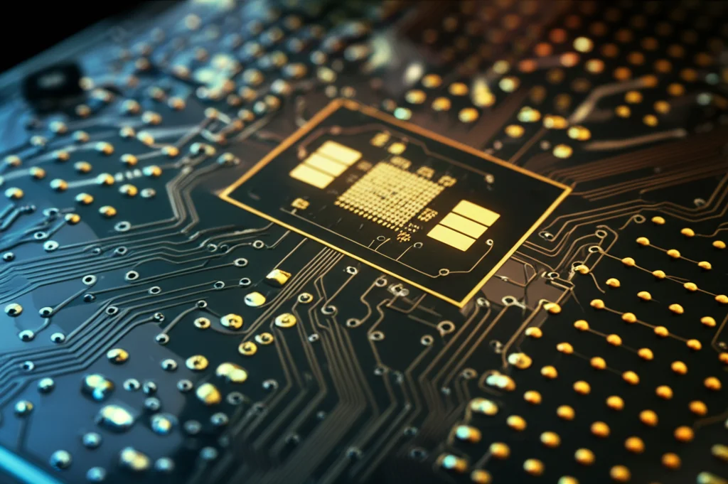 Primo piano di un chip di intelligenza artificiale con circuiti luminosi che si diramano, simboleggiando l'elaborazione dei dati. Macro lens, 100mm, high detail, precise focusing, illuminazione controllata per enfatizzare la complessità tecnologica.