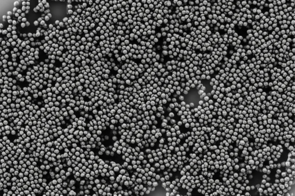 Macro fotografia di nanoparticelle magnetiche NiFe₂O₄/CeO₂ scintillanti, illuminate da luce visibile, con molecole di colorante organico che si degradano attorno ad esse in una soluzione acquosa, alta definizione, illuminazione controllata, 60mm.