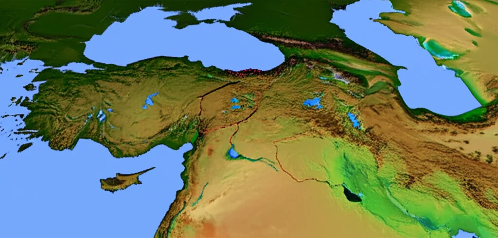 Mappa 3D della Faglia Anatolica Orientale che mostra le anomalie gravimetriche come variazioni di colore sulla superficie terrestre, con linee di faglia evidenziate. Stile fotorealistico, vista aerea leggermente angolata, illuminazione drammatica per enfatizzare le strutture geologiche. Wide-angle lens, 15mm, sharp focus.