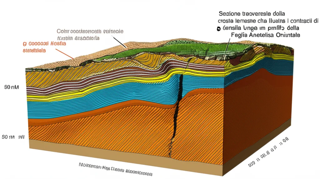 Sezione trasversale della crosta terrestre che illustra i contrasti di densità lungo un profilo della Faglia Anatolica Orientale. Colori diversi indicano densità variabili, con faglie visibili come discontinuità. Illuminazione da studio controllata, high detail, macro lens, 70mm, per evidenziare le stratificazioni.
