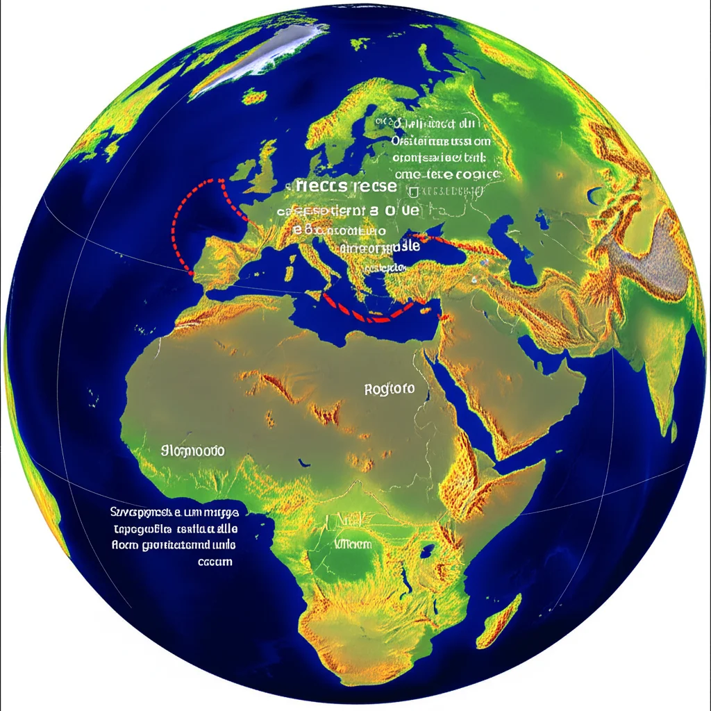 Visualizzazione della deformazione virtuale sulla Faglia Anatolica Orientale, con frecce rosse (compressione) e blu (estensione) che indicano le direzioni delle forze gravitazionali sulla crosta. Sovrapposta a una mappa topografica realistica della regione. Wide-angle, 20mm, long exposure per un effetto dinamico.