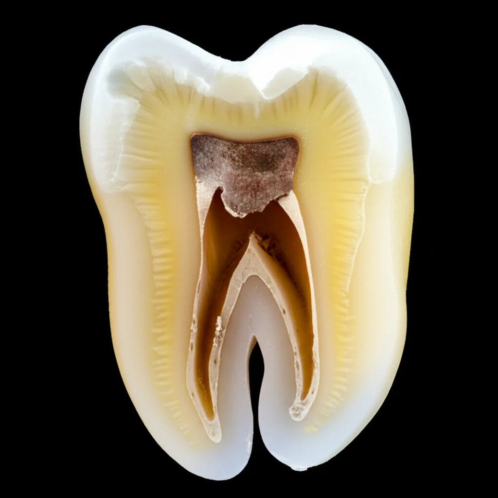 Immagine macro di un dente molare sezionato che mostra la complessità interna dei canali radicolari a forma di C, illuminazione da studio per evidenziare i dettagli, obiettivo macro 100mm, alta definizione.