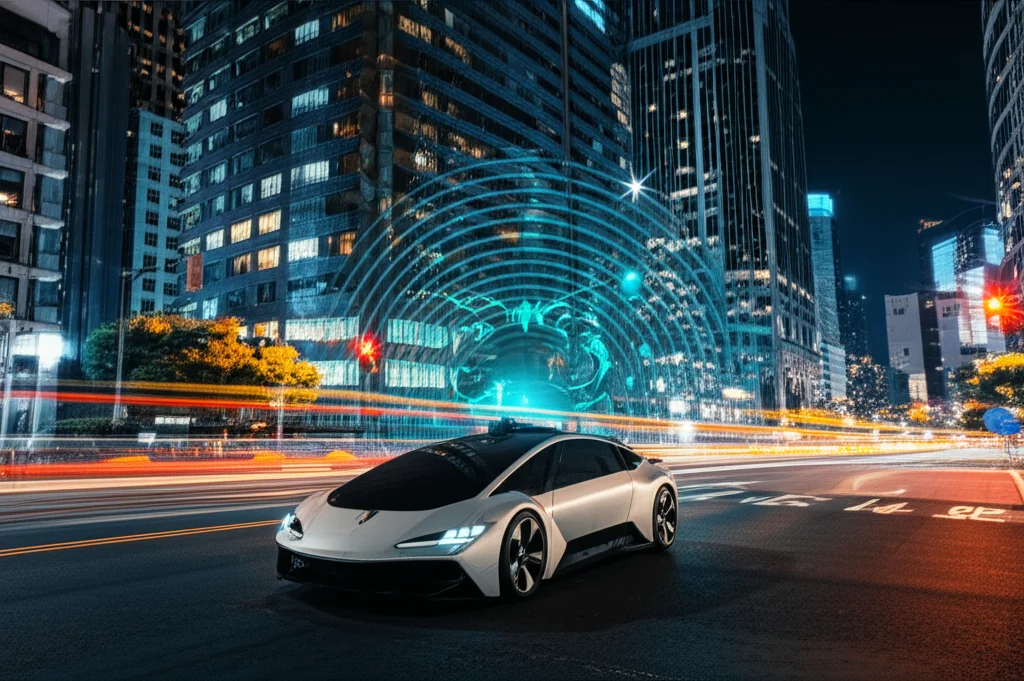 Un veicolo autonomo futuristico che si muove fluidamente in una smart city illuminata di notte. Intorno al veicolo, delle aure luminose sottili simboleggiano i segnali EEG e l'interazione uomo-macchina. Obiettivo grandangolare, 18mm, lunga esposizione per scie luminose, focus nitido sul veicolo.