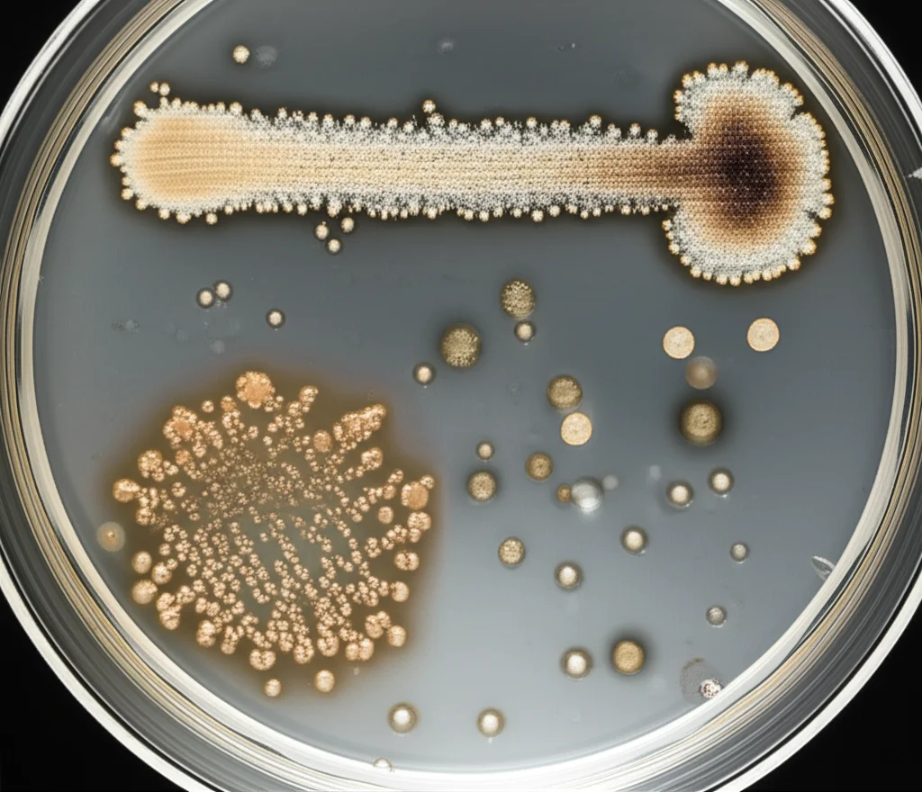Macro lens, 60mm, high detail, precise focusing, controlled lighting, immagine di diverse piastre di Petri con colonie batteriche di E. coli e S. aureus, alcune piastre mostrano una crescita ridotta o assente grazie all'azione del peptide SET-M33 su campioni di biomateriali (titanio, silicone, biocellulosa).