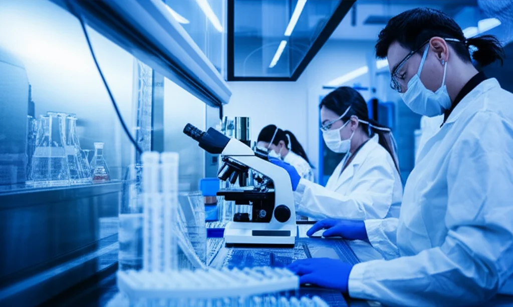 Wide-angle, 10-24mm, long exposure, sharp focus, immagine di un laboratorio di ricerca medica high-tech con scienziati che lavorano su biomateriali e peptidi antimicrobici, microscopi elettronici e attrezzature per test di diffusione in background.