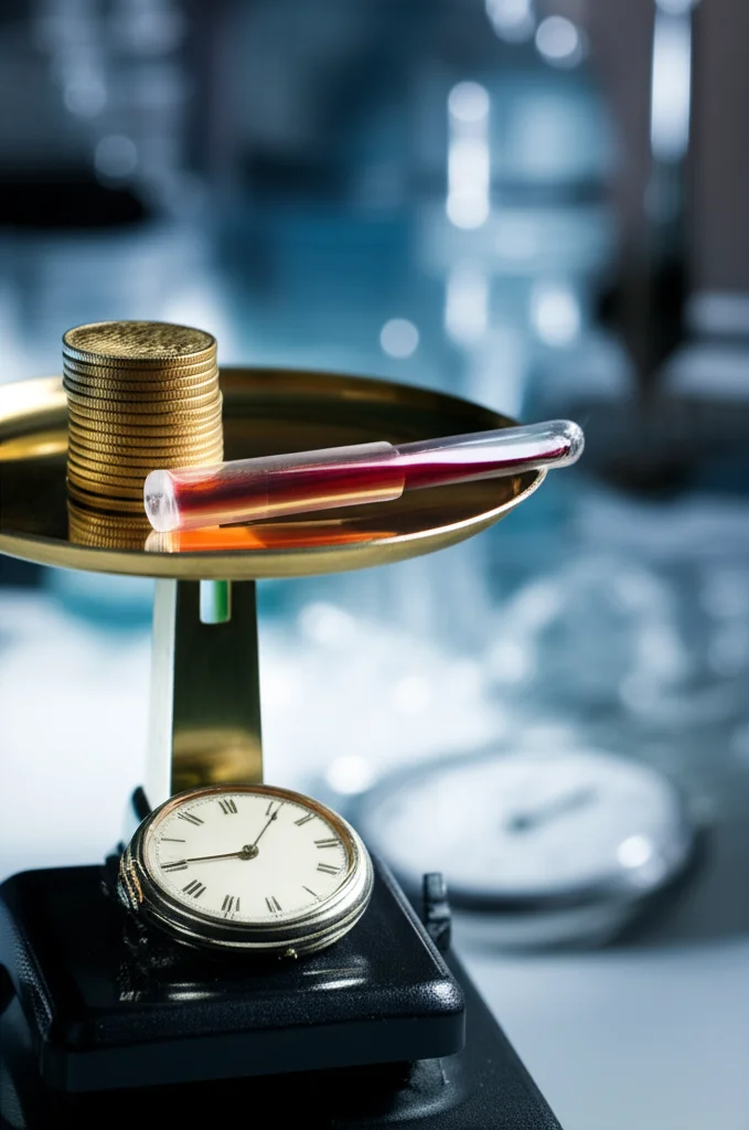 Una bilancia da laboratorio di precisione con su un piatto una pila di monete d'oro e sull'altro un campione di sangue e un orologio. Sfondo sfocato di un ambiente clinico. Obiettivo macro, 90mm, alta definizione, illuminazione da studio.