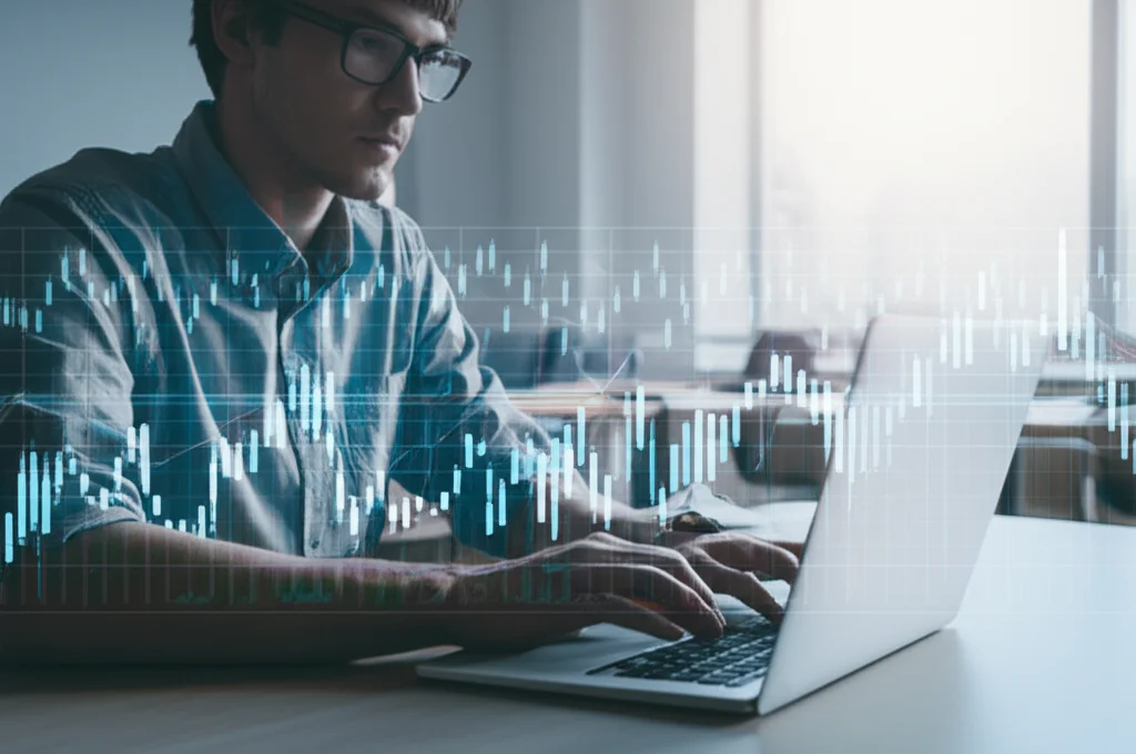 Uno studente universitario che interagisce con un laptop in un ambiente moderno di flipped classroom, con grafici di dati clickstream sovrapposti digitalmente. Obiettivo prime da 35mm, profondità di campo, luce naturale da una finestra laterale, duotone blu e grigio.
