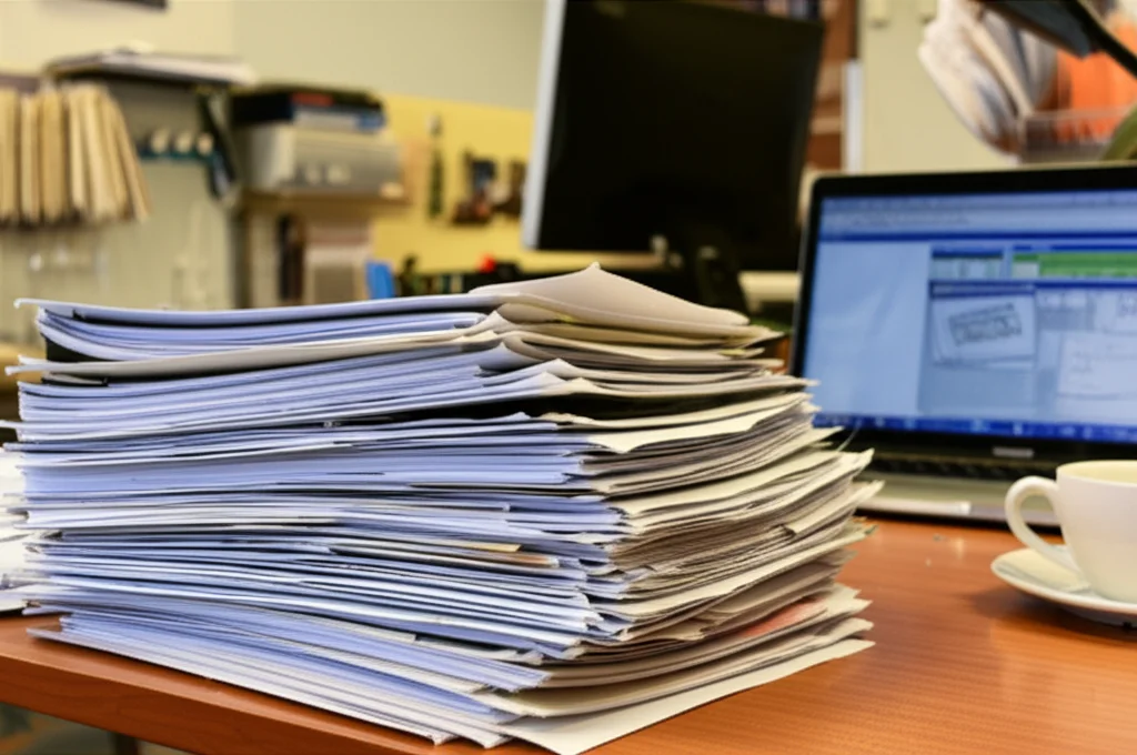 Primo piano di una pila disordinata di articoli scientifici stampati su una scrivania, con accanto una tazza di caffè e un computer portatile che mostra un software di analisi dati. Macro lens, 60mm, high detail, controlled lighting, a simboleggiare il laborioso processo manuale delle revisioni sistematiche.