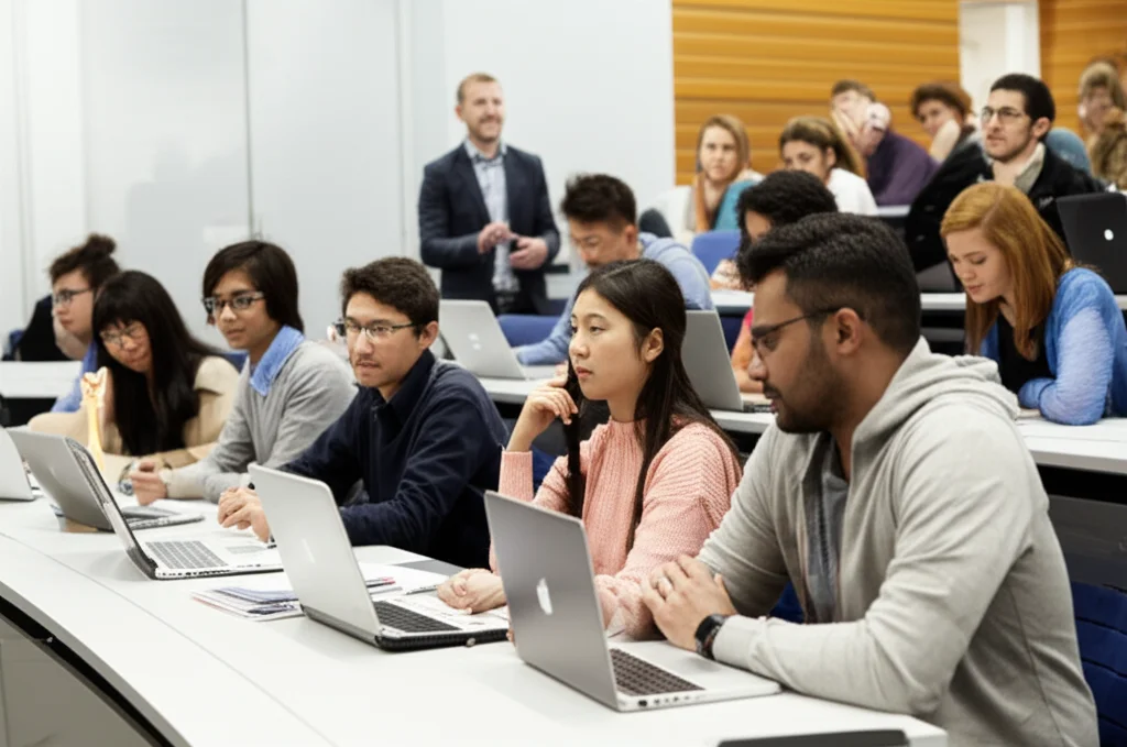 Un gruppo diversificato di studenti universitari che collaborano attivamente in un'aula moderna durante una sessione di flipped classroom, alcuni usano laptop, altri tablet, con un docente che facilita la discussione. Obiettivo zoom 24-70mm, luce diffusa e brillante, cattura del movimento e dell'interazione.