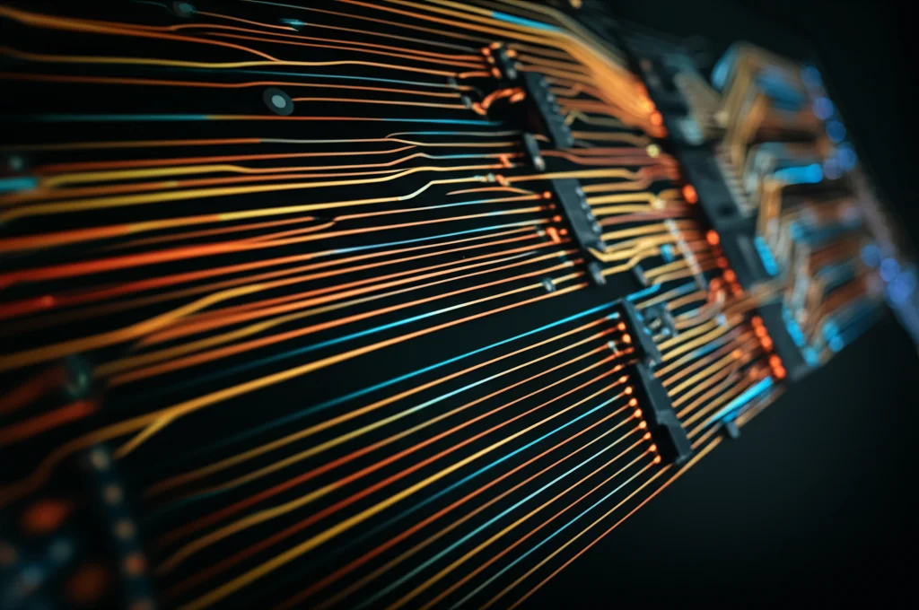 Visualizzazione astratta di reti neurali luminose e interconnesse che processano flussi di dati testuali, rappresentando il prompt engineering e RAG in azione. Wide-angle, 10mm, long exposure, sharp focus, colori brillanti su sfondo scuro, per illustrare la potenza computazionale degli LLM.