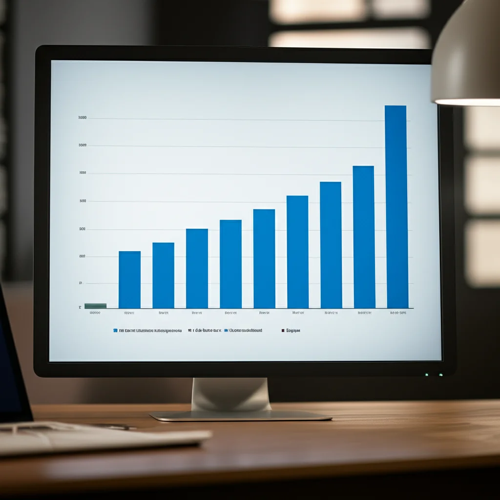 Un grafico a barre comparativo su uno schermo digitale che mostra una drastica riduzione del tempo di lavoro grazie all'LLM rispetto ai metodi tradizionali e Rayyan. Telephoto zoom, 100mm, fast shutter speed per catturare la dinamicità del progresso, focus sul picco di efficienza dell'LLM, ambiente di ufficio moderno.