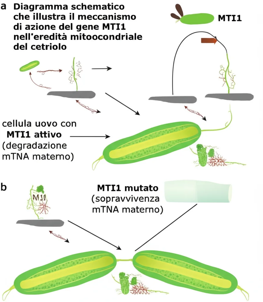 Diagramma schematico che illustra il meccanismo di azione del gene MTI1 nell'eredità mitocondriale del cetriolo: cellula uovo con MTI1 attivo (degradazione mtDNA materno) vs. MTI1 mutato (sopravvivenza mtDNA materno). Stile infografica scientifica, alta definizione.