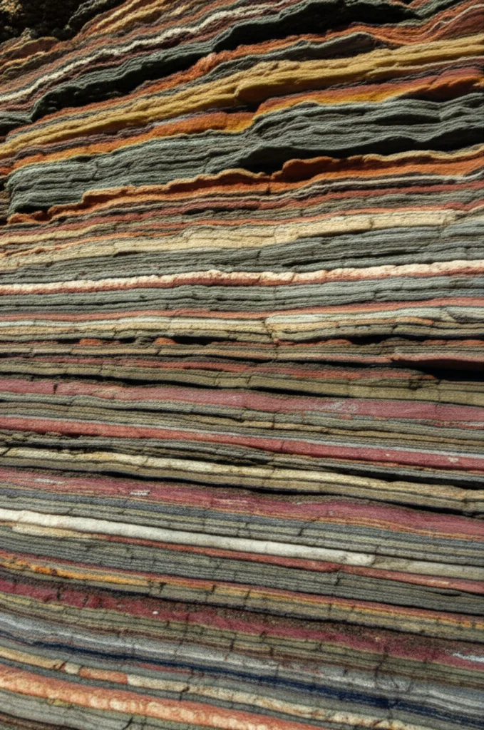 Una fotografia macro ad alta definizione di strati di roccia sedimentaria multicolore, che simboleggiano le esperienze stratificate e la storia, illuminazione controllata laterale per esaltare la texture, obiettivo 100mm macro, messa a fuoco precisa su un singolo strato.