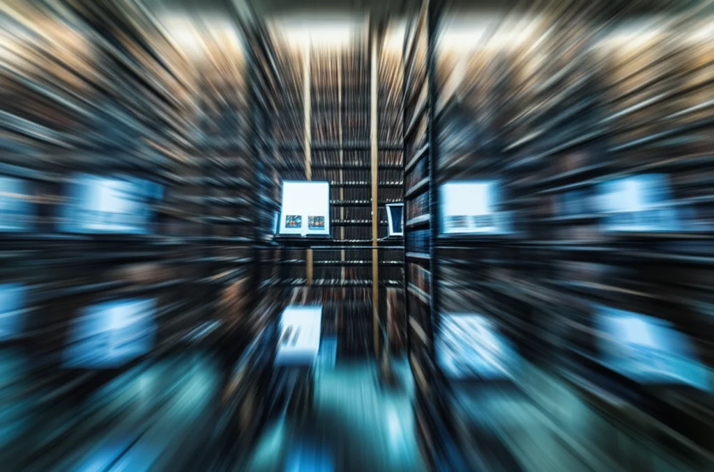 Un'immagine grandangolare di una biblioteca antica e moderna fusa insieme, con libri classici su scaffali di legno scuro che si trasformano gradualmente in tablet luminosi su scaffali metallici minimalisti, a simboleggiare il dialogo continuo tra pensiero classico e contemporaneo. Lunga esposizione per creare un effetto di movimento etereo dei libri, obiettivo 10-24mm, luce soffusa.