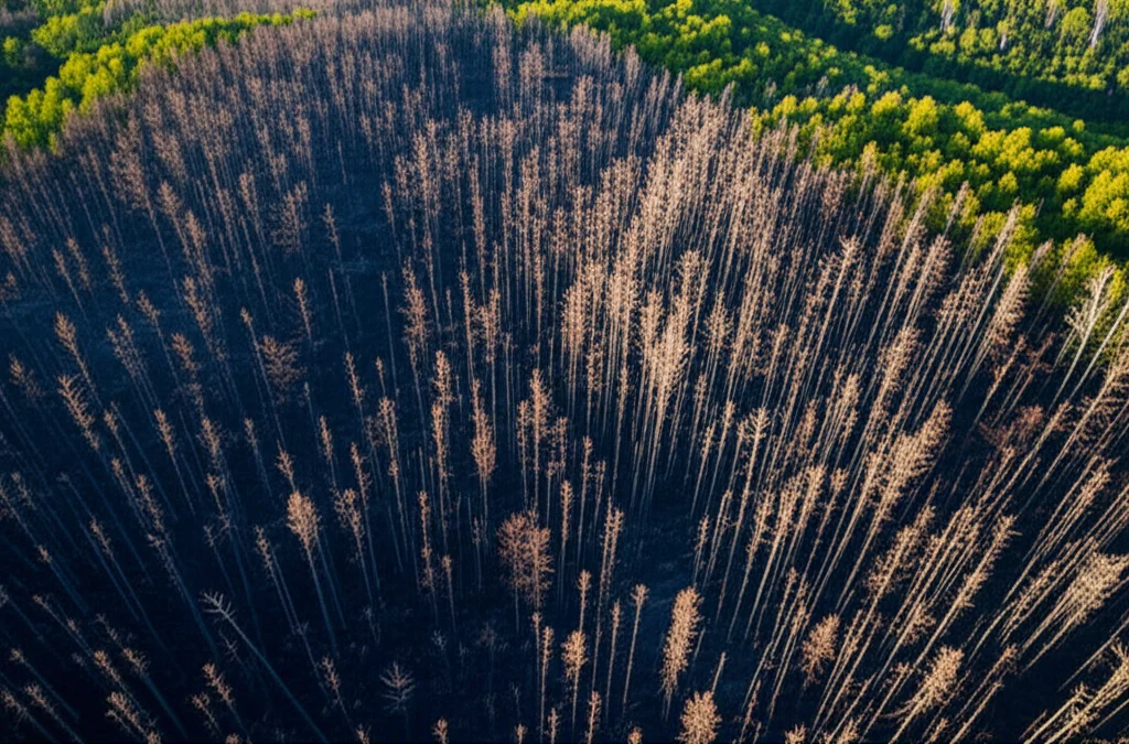 Fotografia aerea, obiettivo grandangolare 20mm, di una vasta area forestale colpita da un incendio, con zone di diversa severità chiaramente visibili: alcune completamente annerite, altre con alberi ancora in piedi ma bruciacchiati, e zone verdi intatte. Lunghe esposizioni per accentuare il contrasto tra le aree bruciate e quelle integre, luce del tardo pomeriggio per ombre definite.