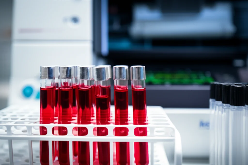 Primo piano di fiale di siero sanguigno in un rack da laboratorio, pronte per l'analisi lipidomica. Sullo sfondo, uno spettrometro di massa parzialmente visibile. Illuminazione controllata da laboratorio, obiettivo macro 100mm per dettagli nitidi sulle fiale e sul siero, alta definizione.