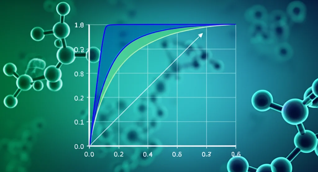 Grafico stilizzato di una curva ROC (Receiver Operating Characteristic) che mostra un'alta AUC, con molecole lipidiche astratte sullo sfondo. Colori blu e verde duotone, illuminazione che evidenzia la curva, obiettivo prime 35mm, profondità di campo.