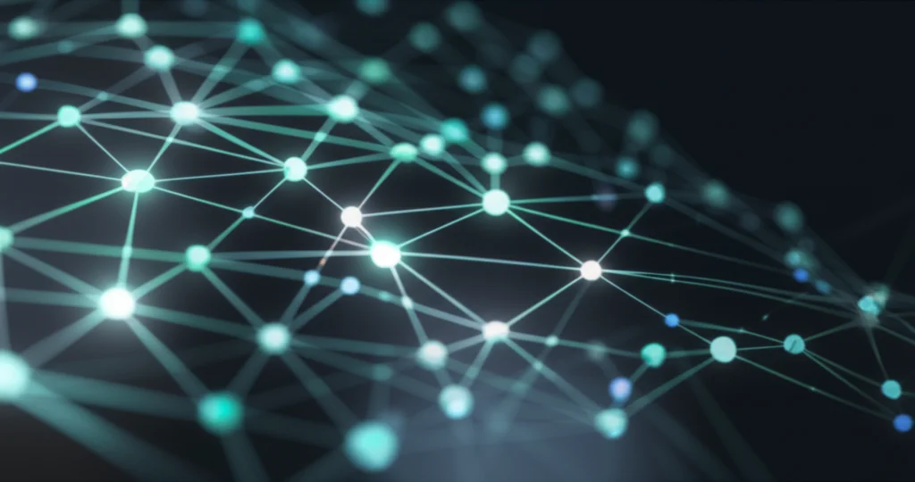 Una visualizzazione 3D di un complesso grafo di conoscenza finanziaria, con nodi luminosi che rappresentano eventi (fallimenti, acquisizioni) e linee che collegano argomenti (date, aziende, importi). Lo sfondo è scuro, high-tech. Macro lens, 60mm, high detail, illuminazione controllata per enfatizzare la tridimensionalità.