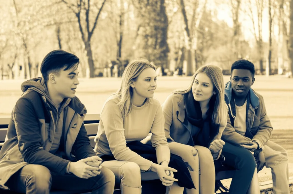 Un gruppo eterogeneo di quattro adolescenti, due ragazzi e due ragazze, di età compresa tra i 14 e i 17 anni, seduti su una panchina in un parco cittadino europeo. Uno dei ragazzi, con tratti somatici asiatici, sorride mentre parla con una ragazza dai capelli biondi. Un altro ragazzo, con la pelle più scura, ascolta attentamente. L'atmosfera è rilassata e amichevole, suggerendo un forte legame di amicizia. Prime lens, 35mm, depth of field, luce naturale pomeridiana che crea un effetto caldo e accogliente, duotone seppia e blu.