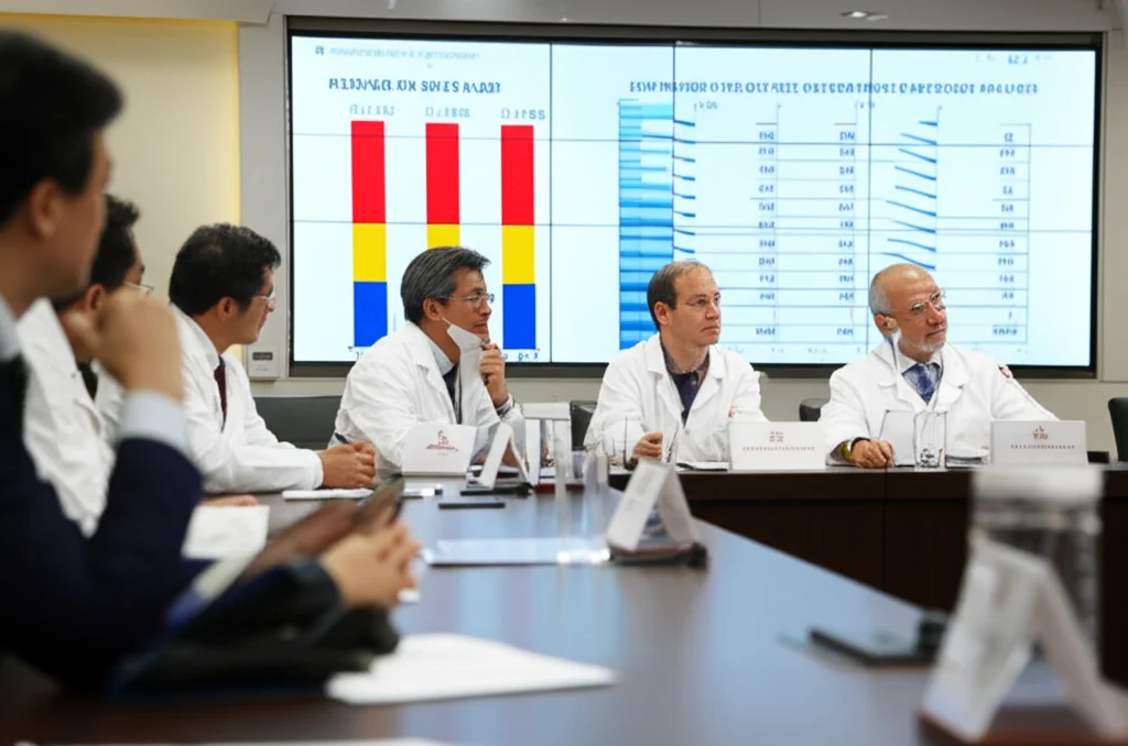 Un gruppo di medici e amministratori sanitari cinesi in una sala riunioni moderna, discutono animatamente davanti a grafici e schemi proiettati su uno schermo, riguardanti modelli di pagamento sanitario. Zoom lens, 24-70mm, luce da ufficio controllata, espressioni concentrate.