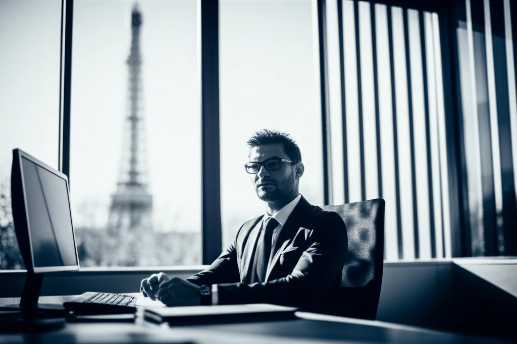 Un professionista seduto alla scrivania in un ufficio moderno, guarda fuori dalla finestra con espressione pensierosa ma determinata. La luce del mattino illumina la stanza, creando un'atmosfera di speranza e proattività. 35mm portrait, duotone blu e grigio, profondità di campo.