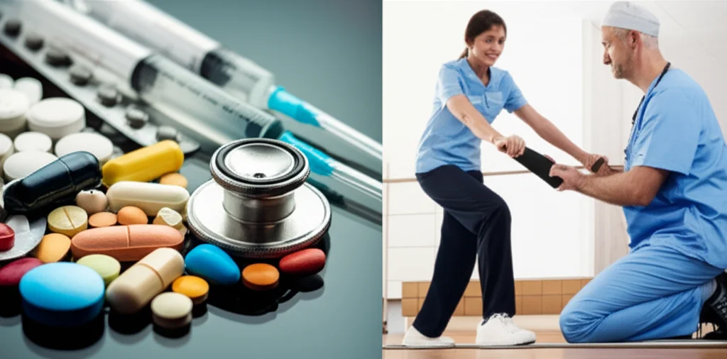 Un'immagine composita: da un lato, una pila di farmaci e attrezzature mediche high-tech (simbolo NTA); dall'altro, un terapista che lavora con un paziente su esercizi di riabilitazione. Macro lens per i dettagli dei farmaci, 50mm per la scena di riabilitazione, illuminazione contrastante per evidenziare le due realtà.