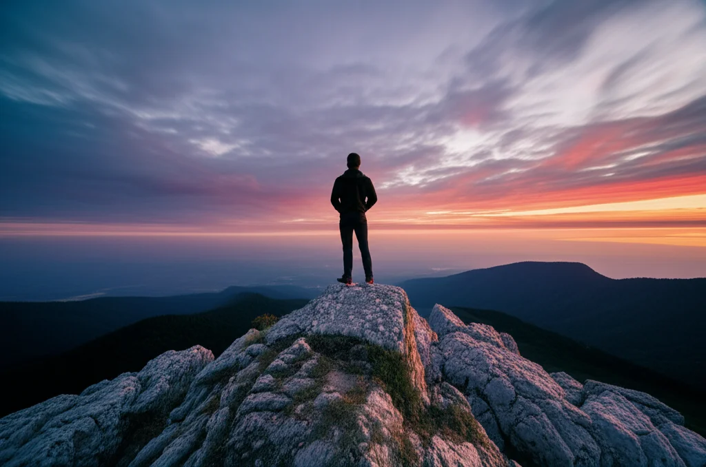 Un paesaggio montano vasto e stimolante all'alba, con una persona in cima che guarda l'orizzonte, simboleggiando la sfida e la crescita personale. Wide-angle, 10mm, long exposure times, sharp focus, smooth clouds.