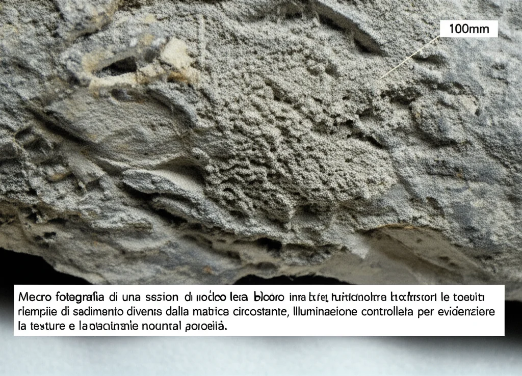 Macro fotografia di una sezione di roccia carbonatica bioturbata, 100mm Macro lens, che mostra chiaramente le tane fossili riempite di sedimento diverso dalla matrice circostante, illuminazione controllata per evidenziare la texture e la porosità.