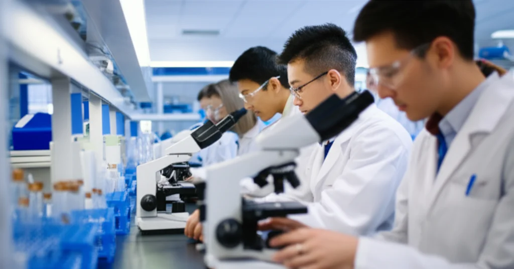 Studenti di scienze di laboratorio medico in un moderno laboratorio universitario, concentrati su microscopi e provette, fotografia stile ritratto con obiettivo da 35mm, profondità di campo che sfoca leggermente lo sfondo per evidenziare i volti attenti e l'ambiente di apprendimento high-tech.