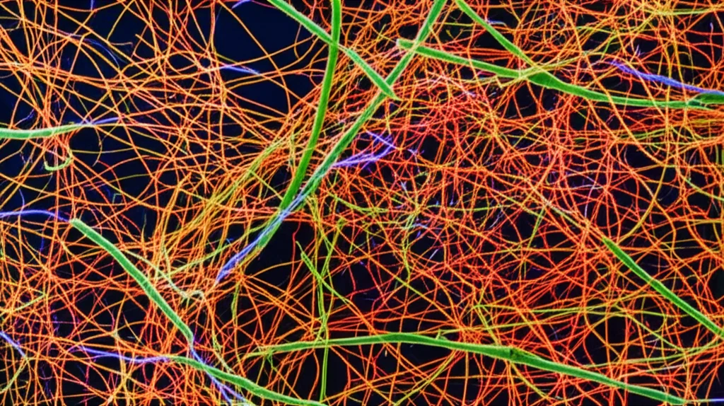 Macro fotografia di batteri intestinali diversificati e colorati su sfondo scuro, obiettivo macro 100mm, alta definizione, illuminazione controllata per evidenziare la complessità dell'ecosistema microbico.