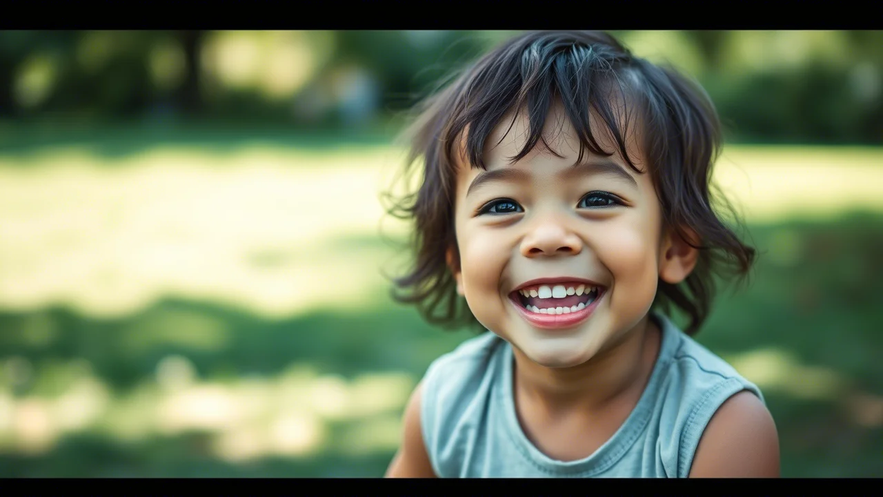 Ritratto di un bambino sorridente che gioca all'aperto, obiettivo da 35mm, sfondo leggermente sfocato per mettere a fuoco il bambino, luce naturale, duotone blu e verde per un'atmosfera serena e salutare.