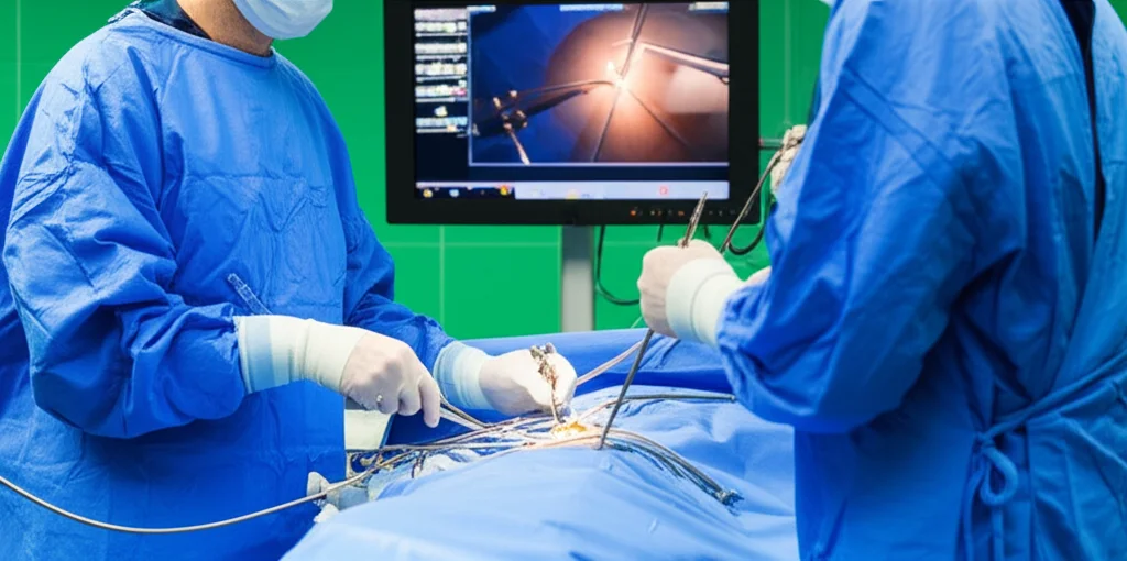 Fotografia di una sala operatoria moderna durante un intervento di chirurgia laparoscopica mininvasiva, con focus sulle mani del chirurgo che manovrano gli strumenti attraverso piccole incisioni, monitor che mostrano l'interno del corpo del paziente, teleobiettivo zoom 100-400mm, fast shutter speed per catturare l'azione.
