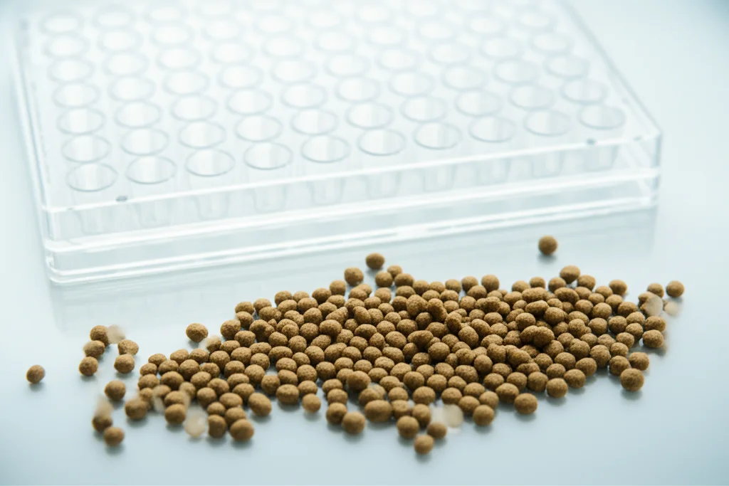 Fotografia macro ad alto dettaglio di granuli di mangime per animali su una superficie pulita, con una piastra ELISA a 96 pozzetti parzialmente visibile e sfocata sullo sfondo. Illuminazione controllata laterale per creare texture e profondità, obiettivo macro 90mm, messa a fuoco selettiva sui granuli.