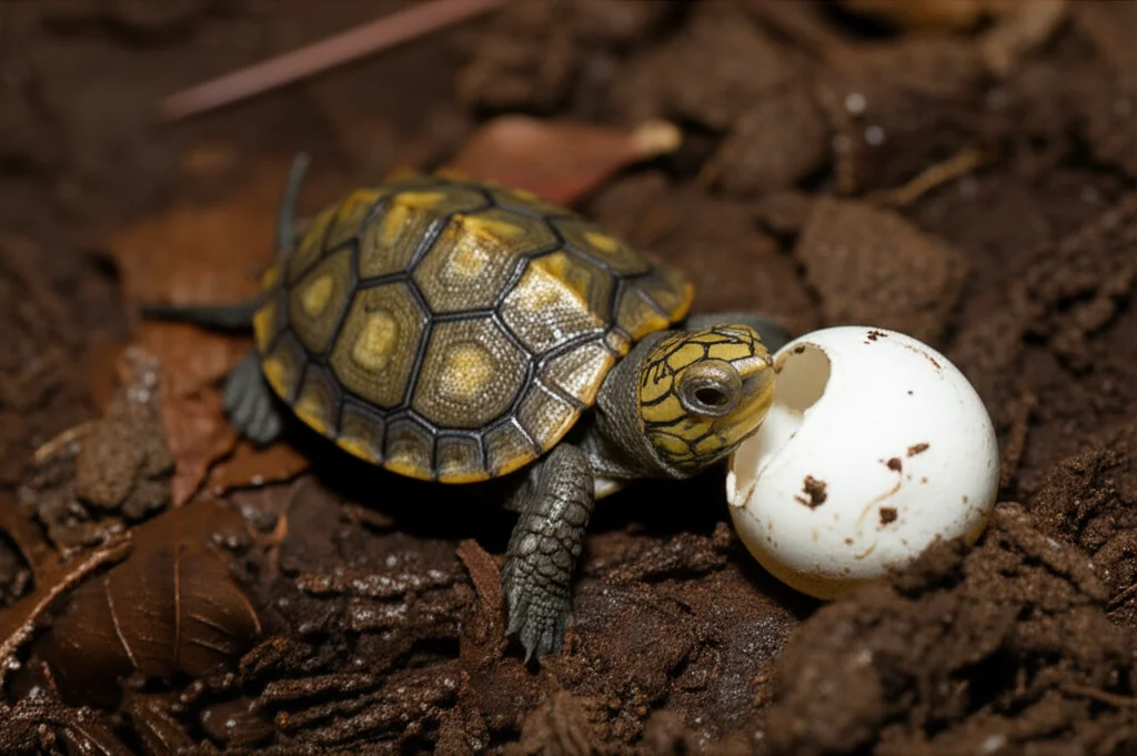 Fotografia naturalistica di un piccolo di tartaruga Kinosternon scorpioides appena nato, vicino al suo guscio d'uovo rotto su un substrato di terra umida e foglie. L'illuminazione è morbida e naturale, tipica di un sottobosco. La messa a fuoco è selettiva sulla tartarughina, evidenziandone i dettagli della corazza e la pelle umida. Obiettivo macro 90mm, alta definizione.